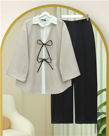 Önü Bağcıklı Oval Kesim Kaşe Kimono     -Taş