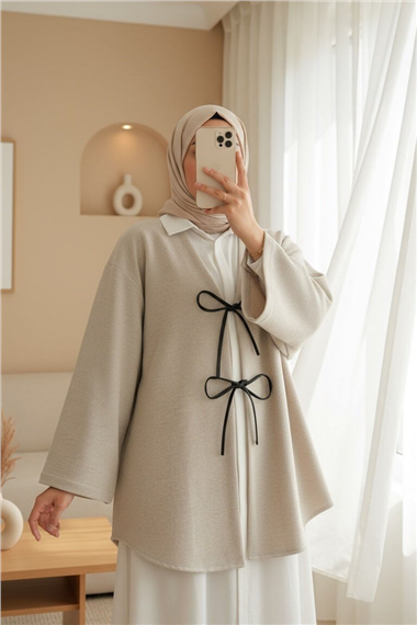 Önü Bağcıklı Oval Kesim Kaşe Kimono     -Taş