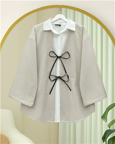 Önü Bağcıklı Oval Kesim Kaşe Kimono     -Taş