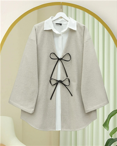 Önü Bağcıklı Oval Kesim Kaşe Kimono     -Taş