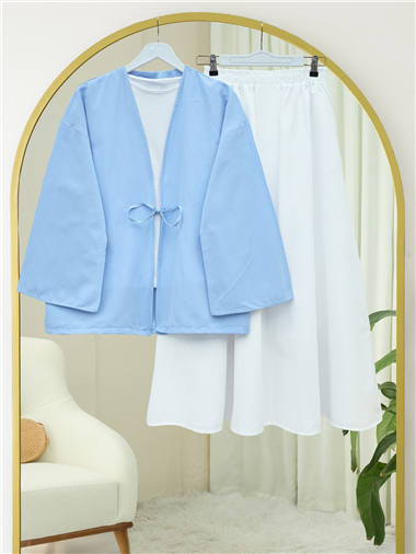 Önü Bağcıklı Poplin Kimono -Bebe Mavi