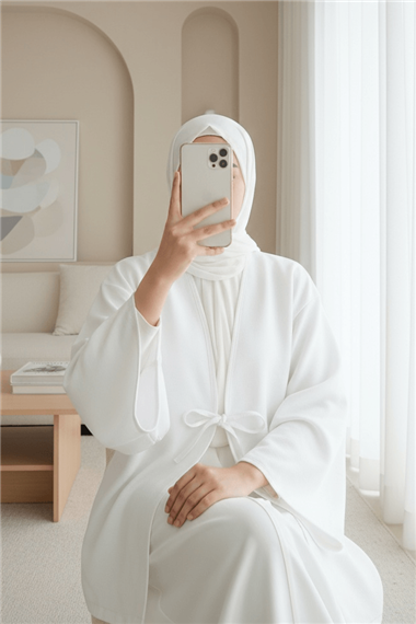 Önü Bağcıklı Poplin Kimono -Beyaz