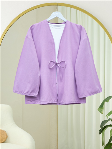 Önü Bağcıklı Poplin Kimono -Lila