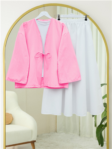 Önü Bağcıklı Poplin Kimono -Pembe
