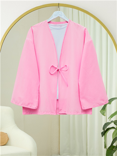 Önü Bağcıklı Poplin Kimono -Pembe
