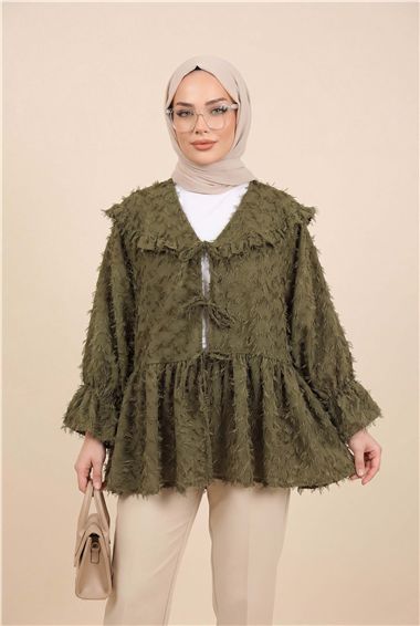 Önü Bağcıklı Tüylü Dokulu Clip Jakar Kimono -Haki