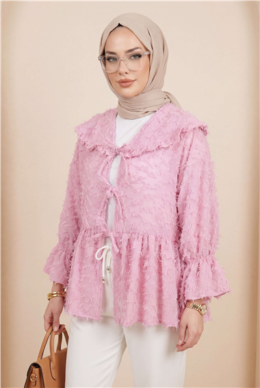 Önü Bağcıklı Tüylü Dokulu Clip Jakar Kimono -Pembe