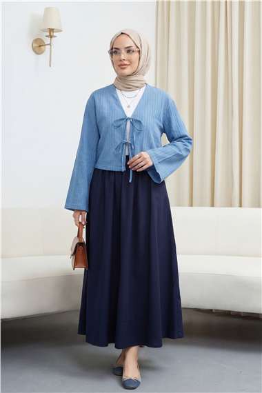 Önü Bağcıklı Yarı Transparan Volan Kol Bluz -Mavi