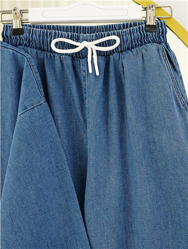 Önü Bağlamalı Cepli Pantolonlu Kot Kimono Takım   -Koyu Mavi