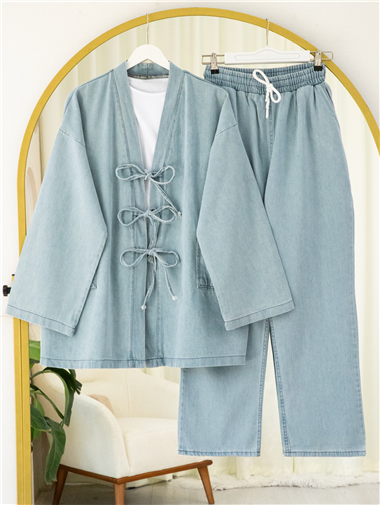 Önü Bağlamalı Cepli Pantolonlu Kot Kimono Takım   -Açık Mavi