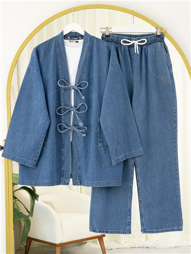 Önü Bağlamalı Cepli Pantolonlu Kot Kimono Takım   -Koyu Mavi