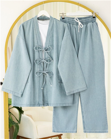 Önü Bağlamalı Cepli Pantolonlu Kot Kimono Takım   -Açık Mavi