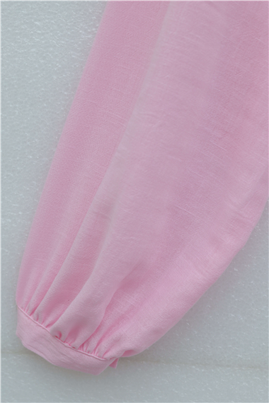 Önü Bağlamalı Dantel Detaylı Eteği Astarlı Keten Takım   -Pembe