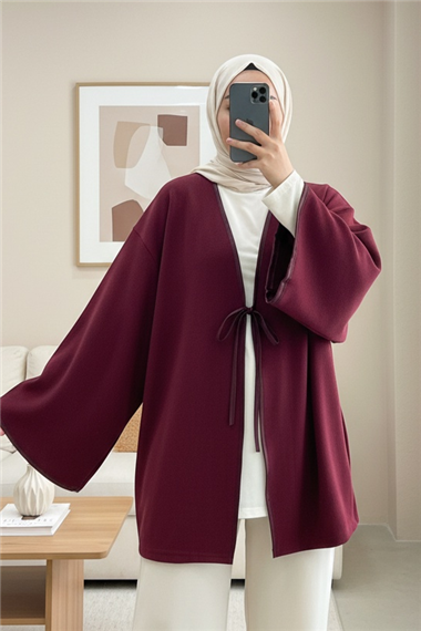 Önü Bağlamalı Deri Detaylı Salaş Kimono  -Bordo