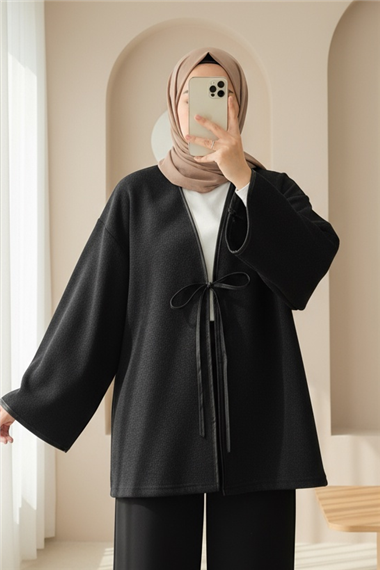 Önü Bağlamalı Deri Detaylı Salaş Kimono  -Siyah