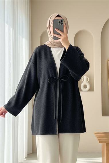 Önü Bağlamalı Deri Detaylı Salaş Kimono  -Antrasit