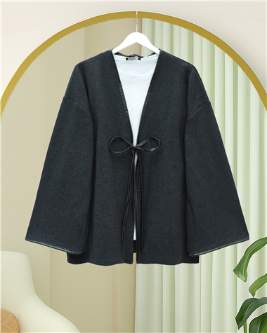 Önü Bağlamalı Deri Detaylı Salaş Kimono  -Antrasit