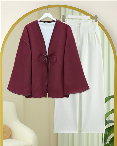 Önü Bağlamalı Deri Detaylı Salaş Kimono  -Bordo