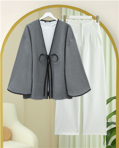 Önü Bağlamalı Deri Detaylı Salaş Kimono  -Gri