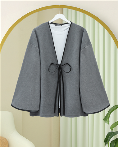 Önü Bağlamalı Deri Detaylı Salaş Kimono  -Gri