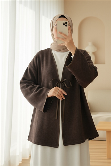 Önü Bağlamalı Deri Detaylı Salaş Kimono  -Toprak