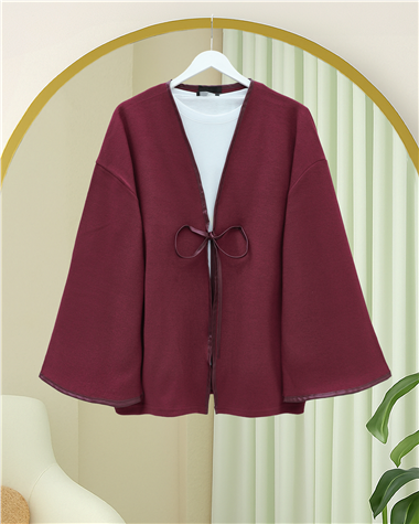 Önü Bağlamalı Deri Detaylı Salaş Kimono  -Bordo