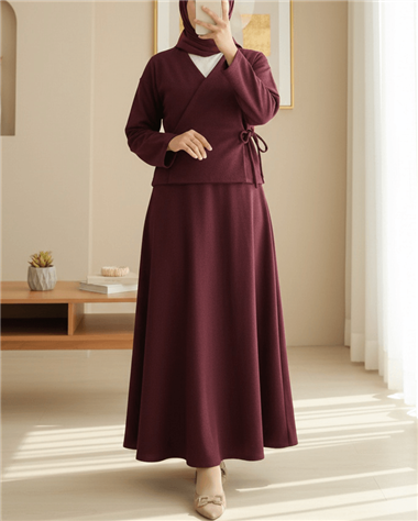 Önü Bağlamalı Etekli Kaşe Kimono Takım -Bordo