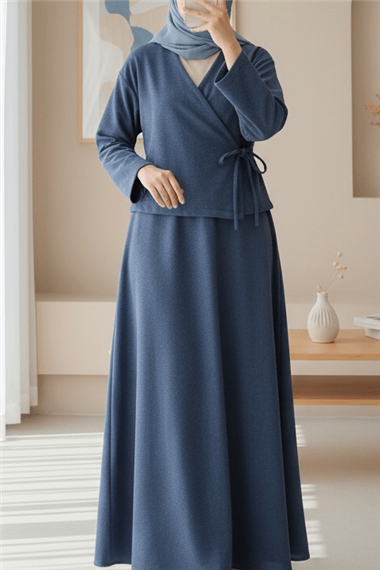 Önü Bağlamalı Etekli Kaşe Kimono Takım -İndigo