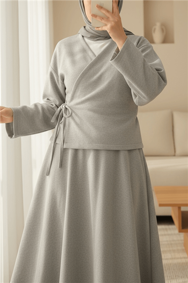 Önü Bağlamalı Etekli Kaşe Kimono Takım -Gri