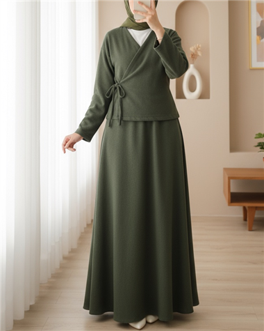 Önü Bağlamalı Etekli Kaşe Kimono Takım -Haki