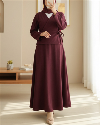 Önü Bağlamalı Etekli Kaşe Kimono Takım -Bordo