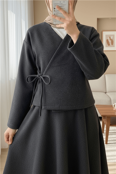 Önü Bağlamalı Etekli Kaşe Kimono Takım -Antrasit