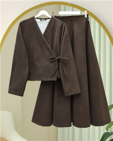 Önü Bağlamalı Etekli Kaşe Kimono Takım -Kahve