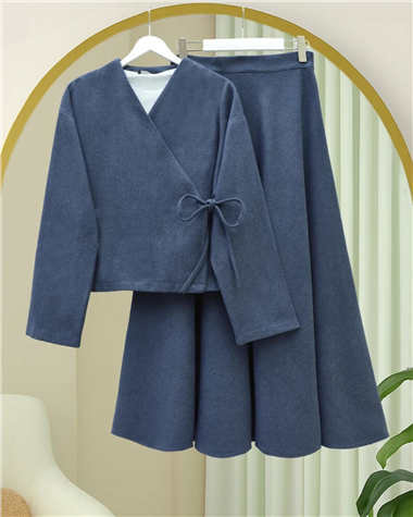 Önü Bağlamalı Etekli Kaşe Kimono Takım -İndigo