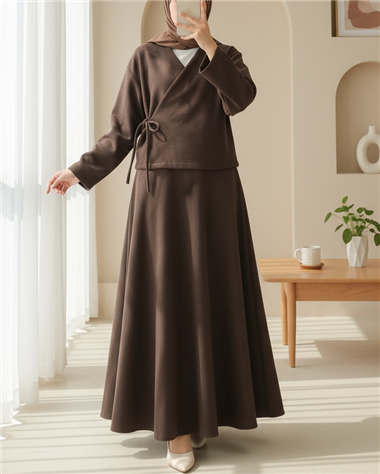 Önü Bağlamalı Etekli Kaşe Kimono Takım -Kahve