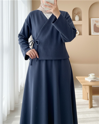Önü Bağlamalı Etekli Kaşe Kimono Takım -İndigo