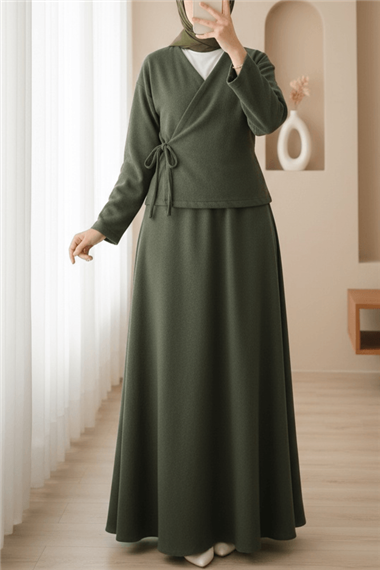 Önü Bağlamalı Etekli Kaşe Kimono Takım -Haki