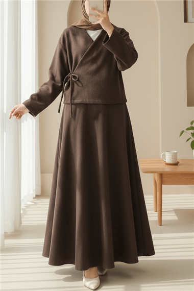Önü Bağlamalı Etekli Kaşe Kimono Takım -Kahve