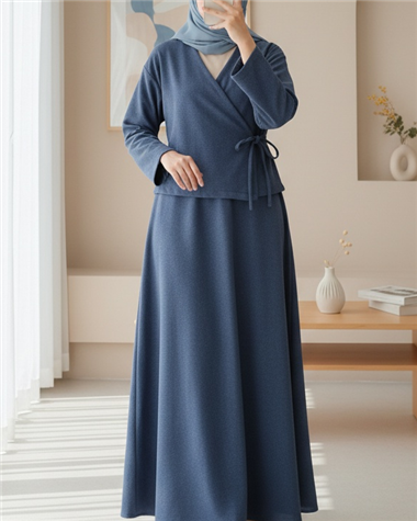 Önü Bağlamalı Etekli Kaşe Kimono Takım -İndigo