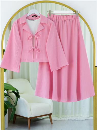 Önü Bağlamalı Etekli Krinkıl Takım   -Pembe