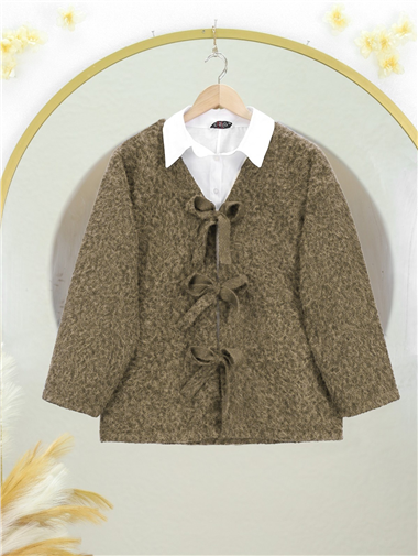 Önü Bağlamalı Kırçıllı Kaşe Ceket  -Açık Kahve