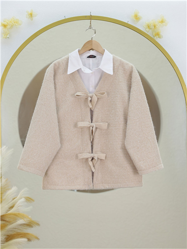 Önü Bağlamalı Kırçıllı Kaşe Ceket -Bej