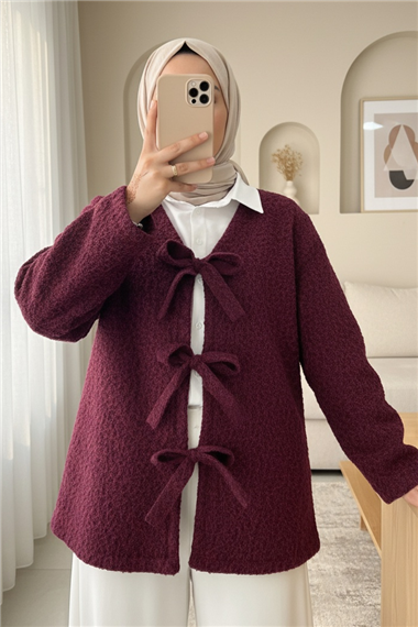 Önü Bağlamalı Kırçıllı Kaşe Ceket  -Bordo