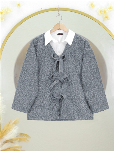 Önü Bağlamalı Kırçıllı Kaşe Ceket  -Gri