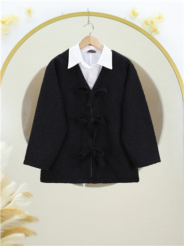 Önü Bağlamalı Kırçıllı Kaşe Ceket -Siyah