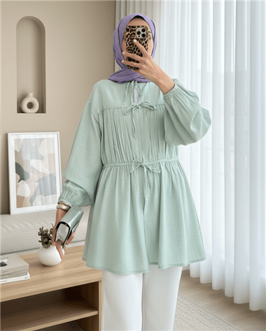 Önü Bağlamalı Kolları Lastikli Gömlek -Mint