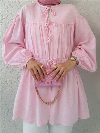 Önü Bağlamalı Kolları Lastikli Gömlek -Pembe
