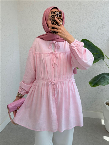 Önü Bağlamalı Kolları Lastikli Gömlek -Pembe