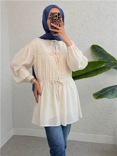 Önü Bağlamalı Kolları Lastikli Gömlek -Ekru