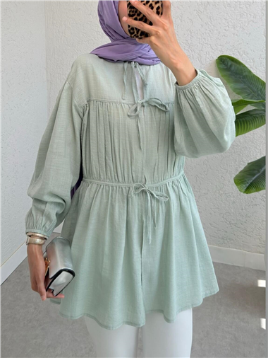 Önü Bağlamalı Kolları Lastikli Gömlek -Mint